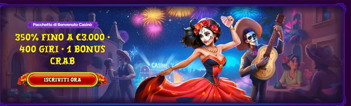 Colorful casino banner with Day of the Dead characters promoting a welcome bonus offer.